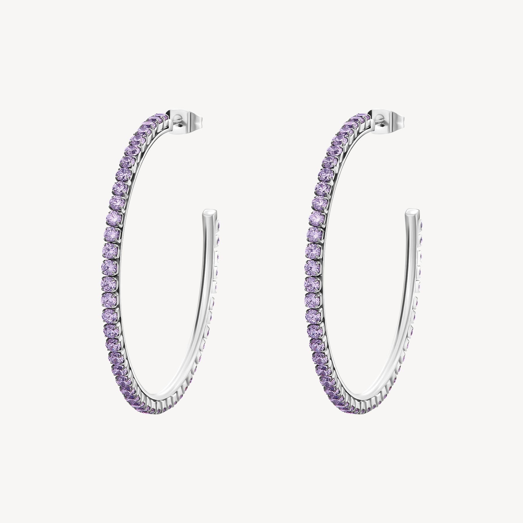 304 stainless steel big hoop earrings and amethyst color cubic zirconia. _1