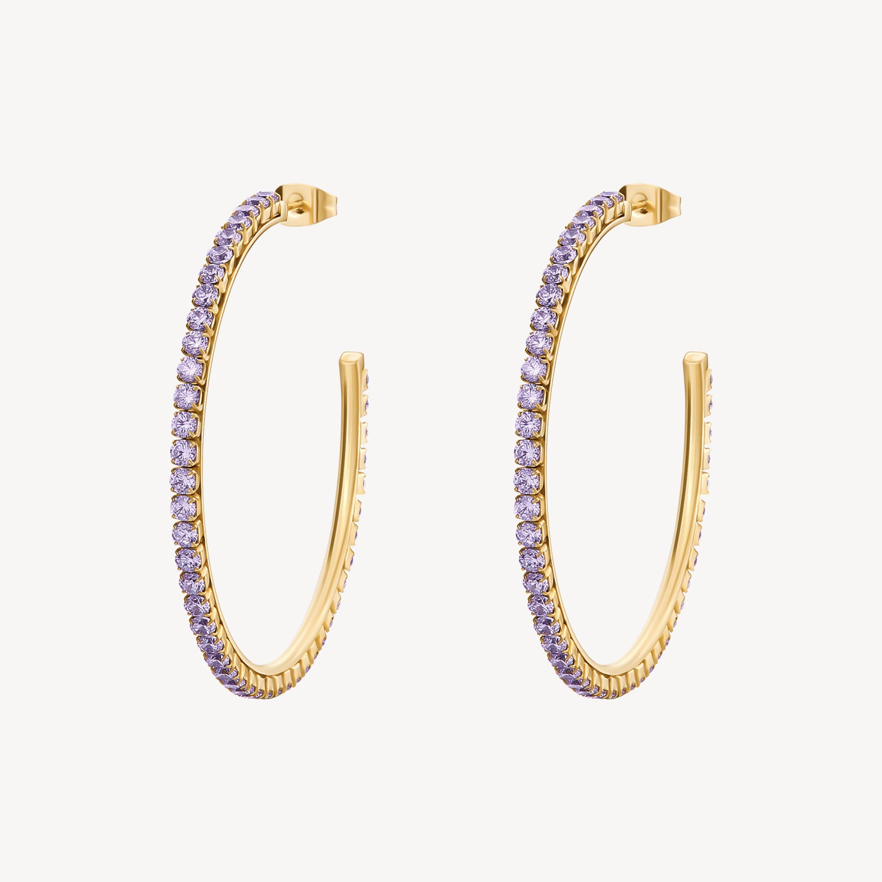 304 stainless steel big hoop earrings, 14K gold pvd coating with amethyst color cubic zirconia. _1
